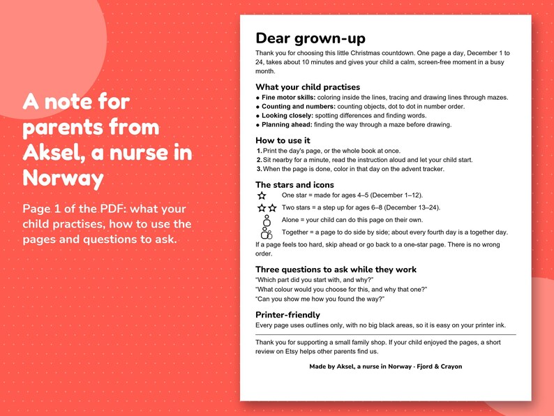 Page 1 of the PDF, a note for parents from Aksel, a nurse in Norway: what children practise, how to use the book and the star and icon key.
