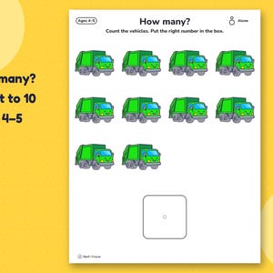 How many counting page for ages 4–5: ten green garbage trucks to count and a square for the number card.
