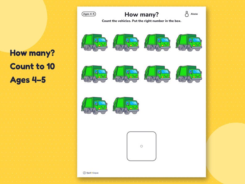 How many counting page for ages 4–5: ten green garbage trucks to count and a square for the number card.