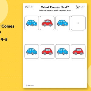 What Comes Next pattern page: rows of red, blue, yellow and green cars with empty squares for the next car.