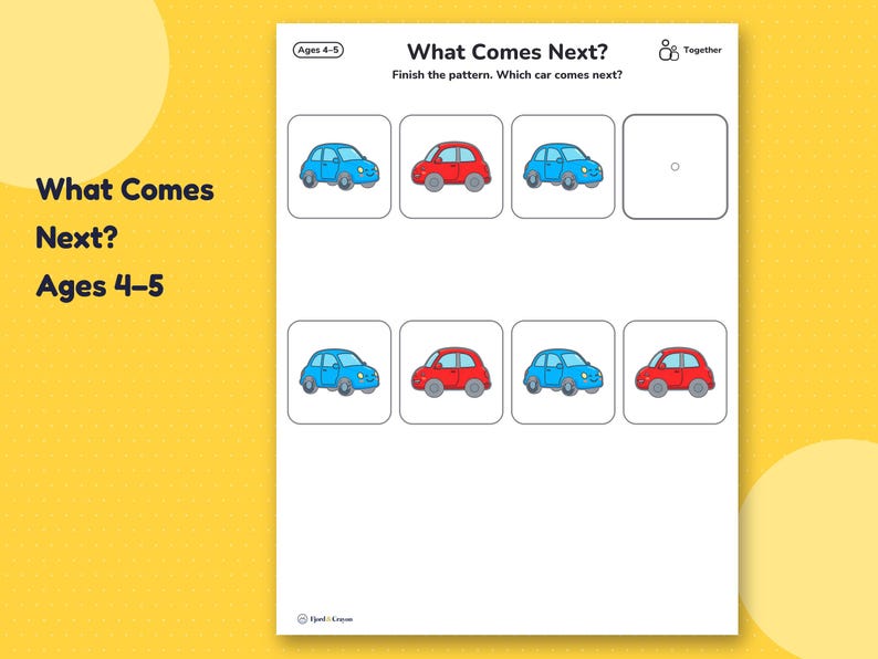 What Comes Next pattern page: rows of red, blue, yellow and green cars with empty squares for the next car.