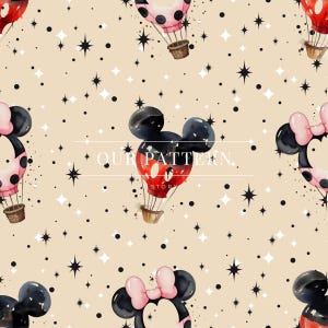 May include: A repeating pattern featuring Mickey and Minnie Mouse heads and hot air balloons. The balloons are red and pink with black polka dots. The background is a light tan color with black stars and the text "OUR PATTERN STORY".