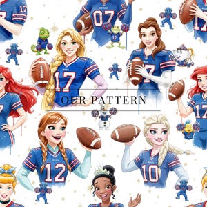 Peut inclure: Motif répété avec des princesses Disney portant des maillots de football bleus, chacune tenant un ballon. Les maillots portent le mot "BILLS" et des numéros. Le texte "OUR PATTERN" est également visible.