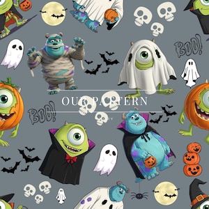 Könnte beinhalten: Ein Halloween-Muster mit Cartoon-Monstern, Kürbissen, Geistern, Fledermäusen, Totenköpfen und dem Text "OUR PATTERN". Das Design umfasst kostümierte Charaktere, Vollmonde und das Wort "BOO!" in einer verspielten Schriftart auf grauem Hintergrund.