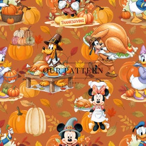May include: Thanksgiving-themed pattern featuring cartoon characters, pumpkins, and autumn leaves on an orange background. The design includes Mickey Mouse, Minnie Mouse, Pluto, Goofy, and Donald Duck, all celebrating the holiday.