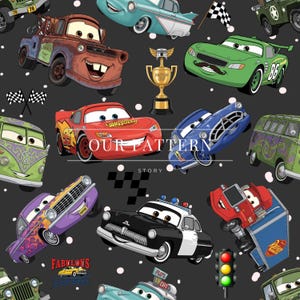 Könnte beinhalten: Ein sich wiederholendes Muster mit verschiedenen Cartoon-Autos in verschiedenen Farben und Designs, darunter ein rotes Rennauto, ein rostiger Abschleppwagen und ein grüner VW-Bus. Der Text "OUR PATTERN STORY" ist ebenfalls sichtbar.
