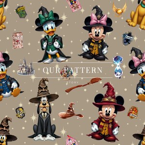 May include: A repeating pattern featuring Disney characters dressed in wizard attire. Mickey and Minnie Mouse, Donald and Daisy Duck, and Goofy are depicted in wizard robes and hats, with various magical accessories on a tan background.