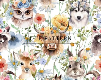Whimsical Woodland Animals Seamless Pattern: Wildflower Design (Digital Download)