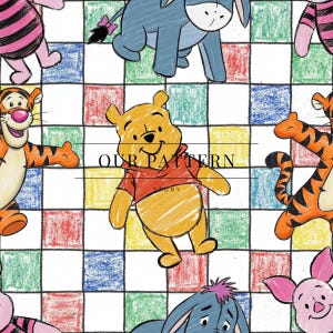 May include: A colorful pattern featuring cartoon characters, including a yellow bear in a red shirt, a tiger, a pink pig, and a blue donkey. The background is a grid of colorful squares. The text "OUR PATTERN STORY" is visible.