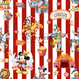 Peut inclure: Un motif fantaisiste sur le thème du cirque avec des rayures rouges et blanches. Le motif présente des personnages de dessins animés comme Mickey et Minnie Mouse, Pluto et Dingo, ainsi que des éléments de cirque tels qu'un chapiteau, du pop-corn et des étoiles. Le texte comprend "Welcome to the Circus".