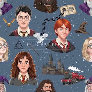 Op de afbeelding: Een naadloos patroon met illustraties van personages en elementen uit een fantasieserie. Het ontwerp bevat portretten, een gouden snitch, een uil, een sorteerhoed, een kasteel, een trein en de tekst "OUR PATTERN STORY" op een blauwe achtergrond.