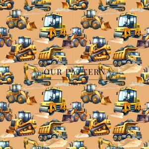 May include: A repeating pattern of yellow construction vehicles, including bulldozers, excavators, and dump trucks, on a tan background. The text "OUR PATTERN STORY" is visible in the center of the image.