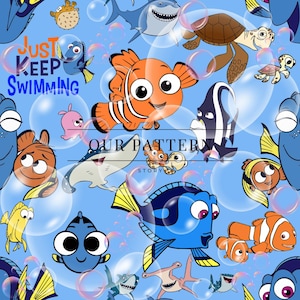 May include: A blue background with cartoon fish, turtles, and sharks. The phrase "Just Keep Swimming" is visible. The pattern includes bubbles and various fish characters, including Nemo and Dory. The words "Our Pattern Story" are also visible.