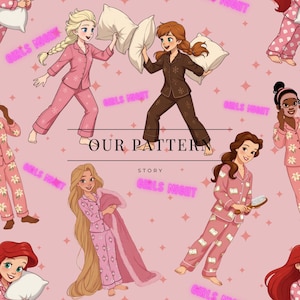 May include: Seamless pattern featuring cartoon illustrations of Disney princesses in pajamas. The princesses are in various poses, some holding pillows, with the words "GIRLS NIGHT" and "OUR PATTERN STORY" in a pink font on a pink background.