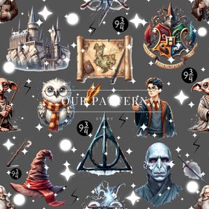 May include: A repeating pattern featuring iconic elements from a fantasy series, including a castle, owl, map, wand, and a young wizard. The design incorporates the text "OUR PATTERN STORY" and the number "9 3/4" in multiple places, all set against a gray background with white stars.