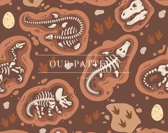 May include: A seamless pattern featuring dinosaur fossils and eggs in a brown and tan color scheme. The design includes various dinosaur skeletons, footprints, and the text "OUR PATTERN STORE".