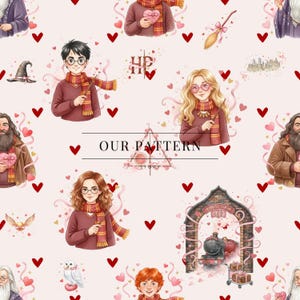 May include: A repeating pattern featuring illustrations of characters, objects, and symbols from a popular fantasy series. The design includes characters with scarves, hearts, and the text "OUR PATTERN STORY" on a light pink background.