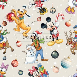 May include: A Christmas-themed pattern with Disney characters including Mickey, Minnie, Pluto, and Goofy, surrounded by baubles and snowflakes. The text "OUR PATTERN STORY" is present. The background is a light beige colour.