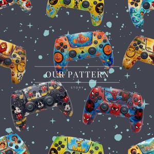 May include: Patterned video game controllers featuring various designs, including characters from Disney and Marvel. The controllers are in a variety of colors, including red, blue, yellow, and black. The text "OUR PATTERN STORY" is also visible.