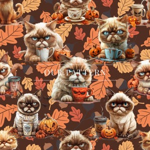 May include: A repeating pattern featuring grumpy-faced cats with blue eyes, holding mugs of coffee or tea, and surrounded by pumpkins and autumn leaves. The text "OUR PATTERN STORY" is visible. The color palette includes brown, orange, and cream.