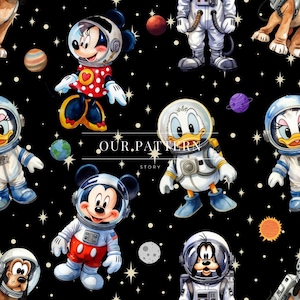Könnte beinhalten: Nahtloses Muster mit Zeichentrickfiguren in Astronautenanzügen vor einem schwarzen Hintergrund mit Sternen und Planeten. Micky Maus, Minnie Maus, Donald Duck, Daisy Duck und Goofy sind abgebildet. Der Text "OUR.PATTERN STORY" ist ebenfalls sichtbar.