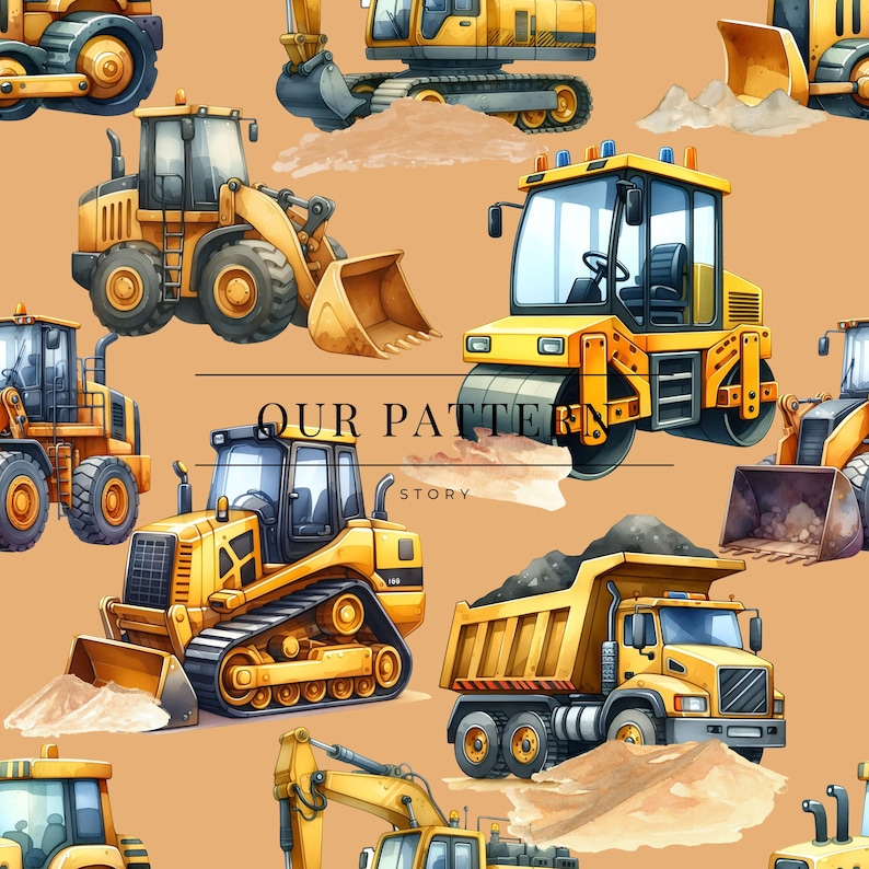May include: A repeating pattern featuring various yellow construction vehicles, including bulldozers, excavators, and dump trucks, set against a tan background. The text "OUR PATTERN STORY" is also present.