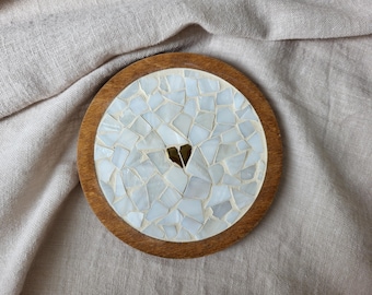 Handmade Round Coasters with Mother-of-Pearl Mosaic and Golden Heart