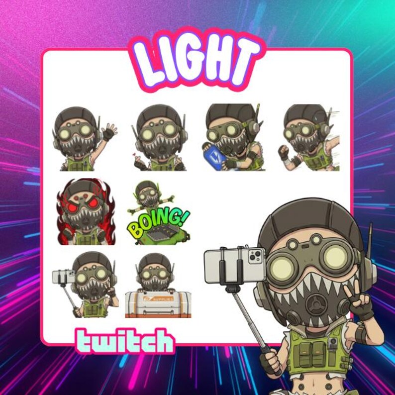 May include: A collection of cartoon stickers featuring a character in a green and brown mask and outfit. The stickers have various poses and expressions, with the word "LIGHT" at the top and "twitch" at the bottom.