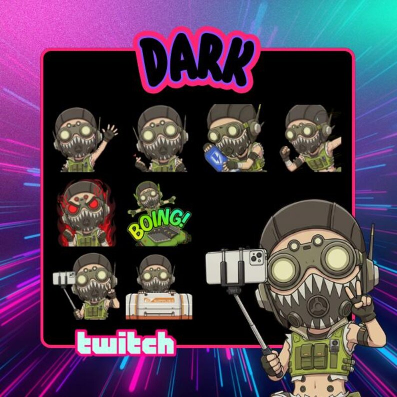 May include: A digital art graphic featuring multiple cartoon images of a character with a gas mask and goggles. The word "DARK" is at the top, and "twitch" is at the bottom. The background has a pink and purple gradient.