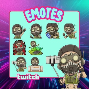 May include: A digital art graphic featuring various emotes of a character with a mask and goggles. The word "EMOTES" is at the top, and "twitch" is at the bottom. The background has a purple and pink gradient.