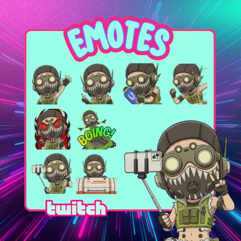 May include: A digital art graphic featuring various emotes of a character with a mask and goggles. The word "EMOTES" is at the top, and "twitch" is at the bottom. The background has a purple and pink gradient.