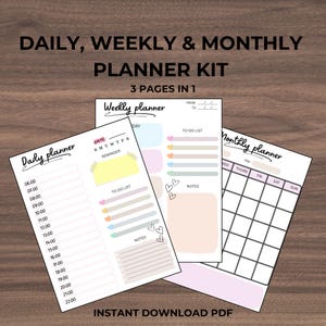 Printable Planner Pack | 3-Page Daily, Weekly & Monthly Planner | Pastel Minimal Planner Inserts | Instant Digital Download PDF