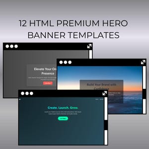 Peut inclure: Un affichage numérique présentant 12 modèles de bannières HTML Premium Hero avec trois maquettes de fenêtres de navigateur superposées. Le texte 12 HTML PREMIUM HERO BANNER TEMPLATES est en haut. Les fenêtres présentent des mises en page variées.