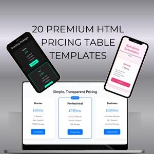 May include: A digital display showing 20 Premium HTML Pricing Table Templates. The screen features a laptop with a Simple, Transparent Pricing table and two smartphones displaying Branding Packages and a Bath Bomb Subscription interface.