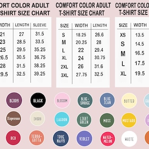 Op de afbeelding: Maattabellen voor Comfort Colors sweatshirts voor volwassenen, t-shirts voor volwassenen en t-shirts voor jongeren. Bevat afmetingen voor breedte, lengte en mouwlengte in cm. Toont ook een kleurenpalet.