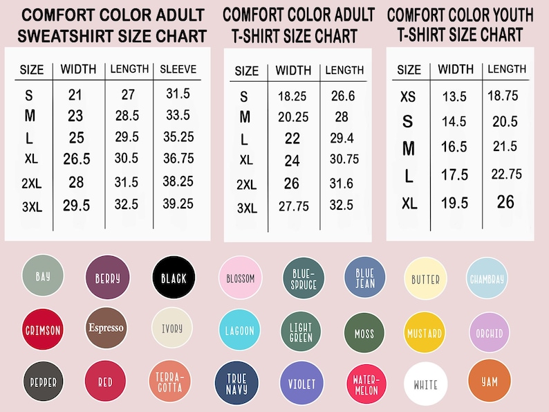 Op de afbeelding: Maattabellen voor Comfort Colors sweatshirts voor volwassenen, t-shirts voor volwassenen en t-shirts voor jongeren. Bevat afmetingen voor breedte, lengte en mouwlengte in cm. Toont ook een kleurenpalet.
