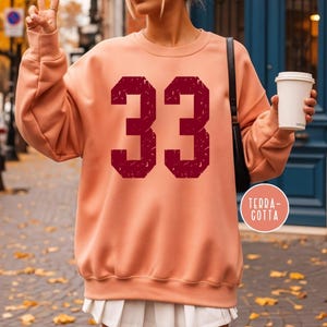Op de afbeelding: Een perzikkleurige sweatshirt met het nummer 33 in een verweerde kastanjebruine lettertype. De sweatshirt heeft een ronde hals en lange mouwen. Een witte geplooide rok is zichtbaar. Een klein rond logo met de tekst "TERRA-COTTA" is zichtbaar.