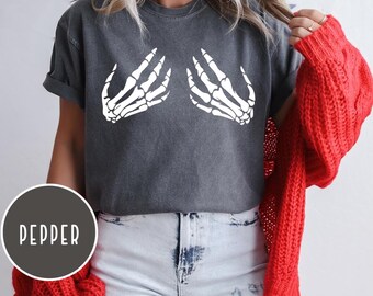 Comfort Colors Skeleton Hand Shirt, Funny Halloween Tee, Skeleton Hand Bra Shirt, Halloween Party Shirt, Hand Bra Shirt,Funny Halloween Gift