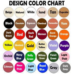 Op de afbeelding: Een kleurenkaart met een witte achtergrond en de tekst "DESIGN COLOR CHART" bovenaan. De kaart toont een verscheidenheid aan kleurstalen in cirkelvormige vormen, elk gelabeld met een kleurnaam, waaronder Beige, Zwart, Rood en Goud.