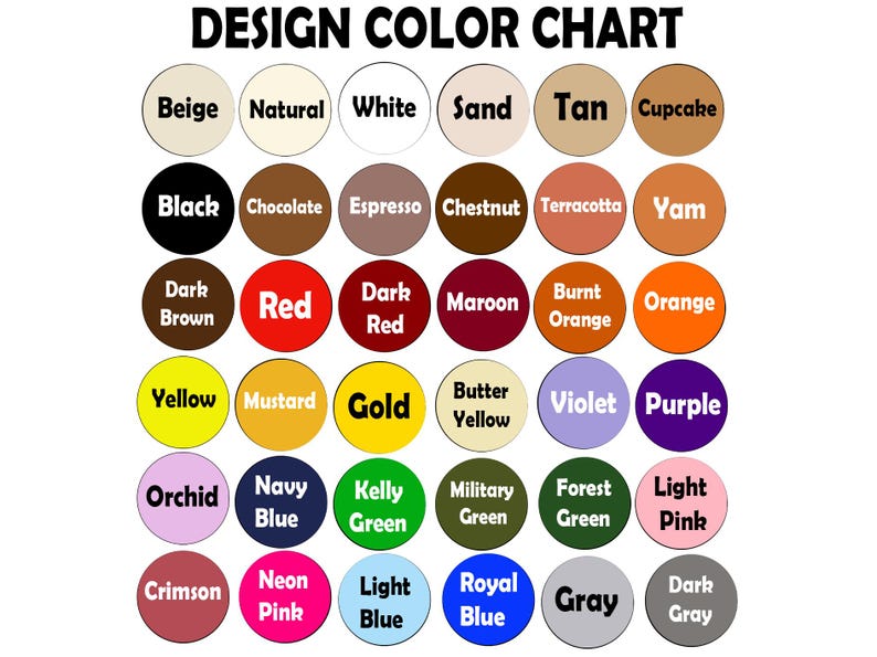 Op de afbeelding: Een kleurenkaart met een witte achtergrond en de tekst "DESIGN COLOR CHART" bovenaan. De kaart toont een verscheidenheid aan kleurstalen in cirkelvormige vormen, elk gelabeld met een kleurnaam, waaronder Beige, Zwart, Rood en Goud.