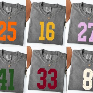 Op de afbeelding: Zes grijze t-shirts met verschillende nummers in diverse kleuren: oranje, geel, lila, groen, rood en gebroken wit. Elk shirt heeft een ronde hals en een zilveren ketting.