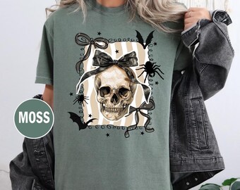 Comfort Colors Halloween Coquette Bow Skull Preppy Shirt,Skeleton Shirt, Halloween Spooky Shirt, Retro Halloween Shirt, Halloween Fall Shirt