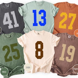 Op de afbeelding: Zes verschillende gekleurde t-shirts, elk met een groot nummer erop gedrukt. Kleuren zijn grijs, lichtblauw, oranje, groen, cr&egrave;me en bruin. De nummers zijn in een distressed, collegiale stijl.