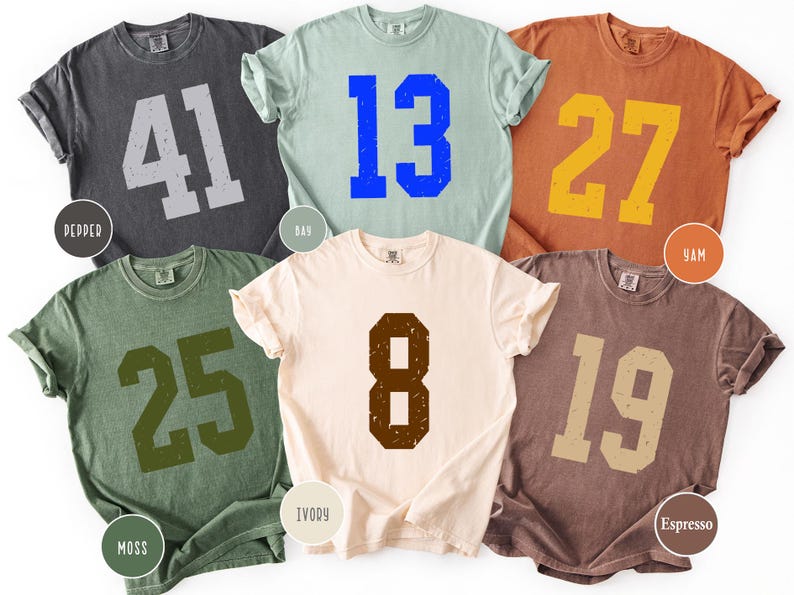 Op de afbeelding: Zes verschillende gekleurde t-shirts, elk met een groot nummer erop gedrukt. Kleuren zijn grijs, lichtblauw, oranje, groen, cr&egrave;me en bruin. De nummers zijn in een distressed, collegiale stijl.