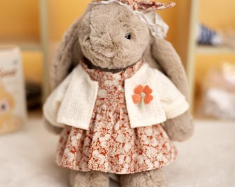 Handmade Floral Dress Outfit for Jellycat Medium Bunny | Vintage Style Doll Clothes