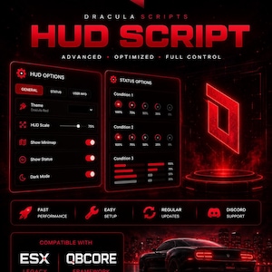 May include: A digital interface display for Dracula Scripts HUD Script featuring red text and icons on a black background. The layout includes HUD Options, Status Options, and compatibility labels for ESX Legacy and QBCore Framework software.