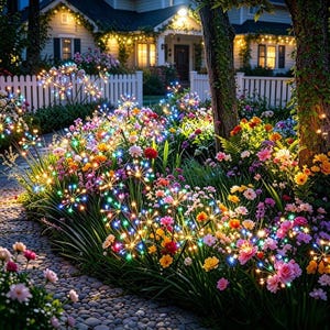 Op de afbeelding: Een tuinpad omzoomd met veelkleurige vuurwerk-stijl LED-zonnelampen, verspreid tussen bloeiende bloemen. De dunne, draadachtige stelen van de lampen vertakken zich in gloeiende lichtpunten die het omliggende gebladerte en de bloemblaadjes verlichten.