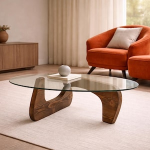 Handmade Noguchi Style Glass Coffee Table, Solid Wood Base
