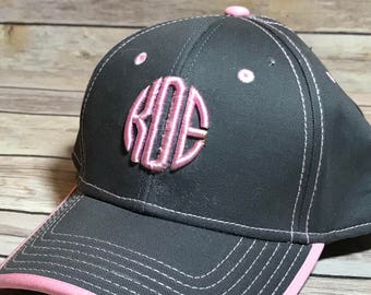 Monogram cap ,Monogram puff hat, Monogram cap, 3d puff hat, embroidered hat, charcoal gray and pink hat, Monogram hat, 3d monogram hat