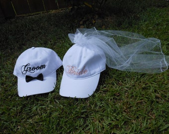 Bride and Groom Matching Veil and Tuxedo Hats